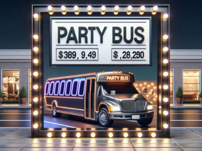Illuminated party bus advertisement with neon lights at night
