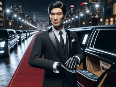 Chauffeur opening limousine door on red carpet