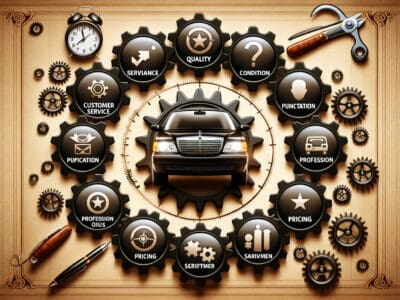 Car surrounded by gears showing service quality factors