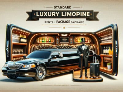 Luxury limousine rental with chauffeur and bar interior