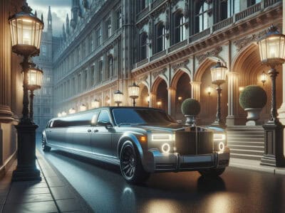 Luxury stretch limousine on elegant city street at dusk