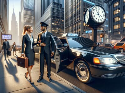 Businesswoman exiting limousine with chauffeur in city.