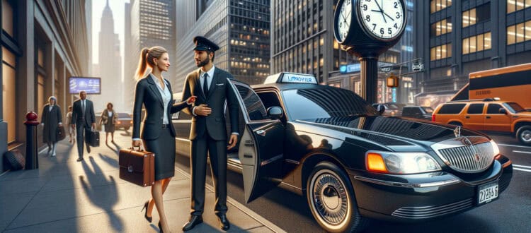 Businesswoman exiting limousine with chauffeur in city.