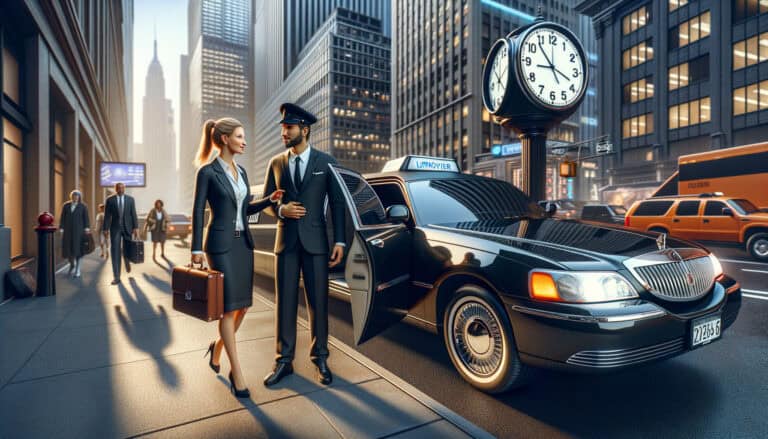 Businesswoman exiting limousine with chauffeur in city.