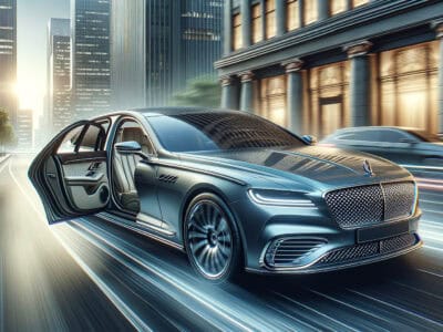 Luxury sedan speeding through city with open rear door
