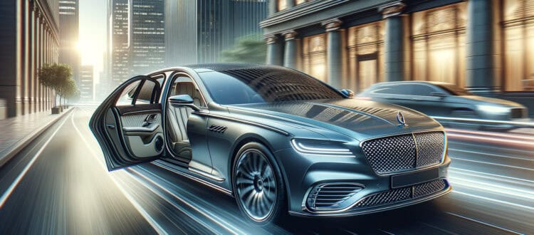 Luxury sedan speeding through city with open rear door