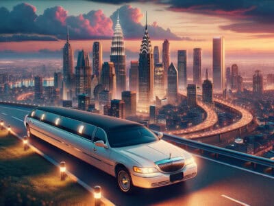 White stretch limousine overlooking city skyline at sunset