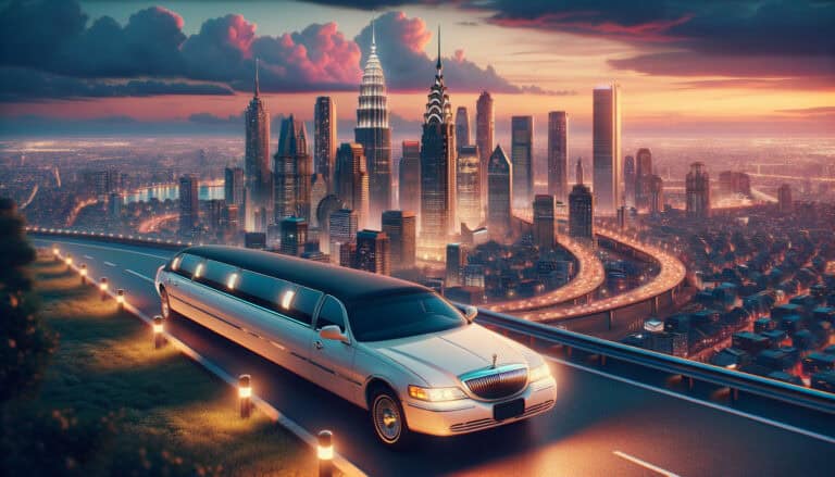 White stretch limousine overlooking city skyline at sunset