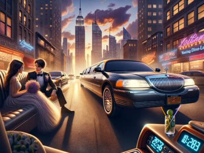 Couple in limousine at sunset city skyline
