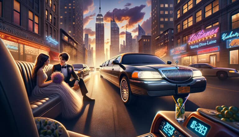 Couple in limousine at sunset city skyline