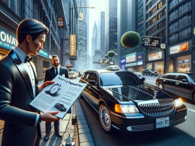 Chauffeur holding document beside black limousine downtown.