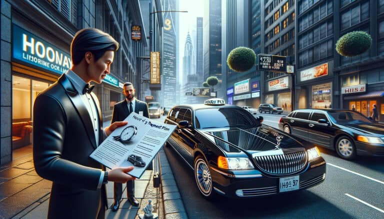 Chauffeur holding document beside black limousine downtown.