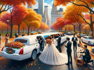 Bride exiting limousine in autumn city park wedding