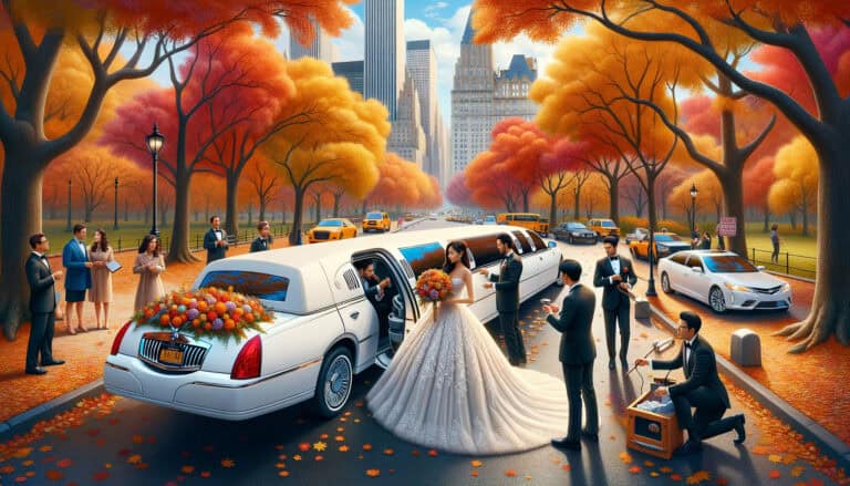 Bride exiting limousine in autumn city park wedding