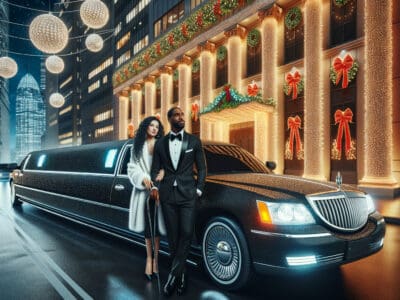 Elegant couple by limousine outside festive city building