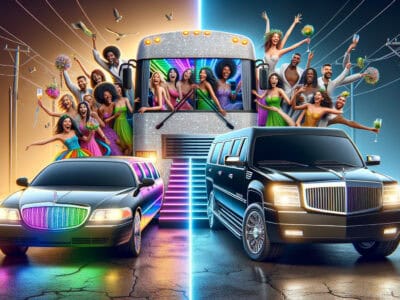 Celebrating group on party bus between limo and SUV