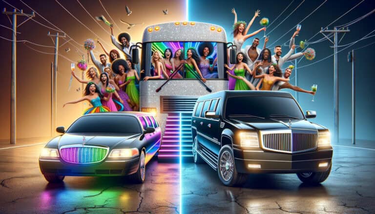 Celebrating group on party bus between limo and SUV