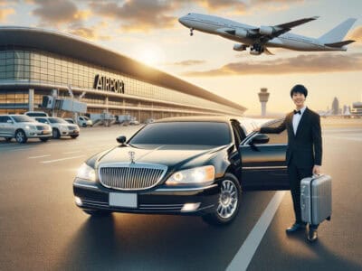 Business traveler with limousine at airport departure
