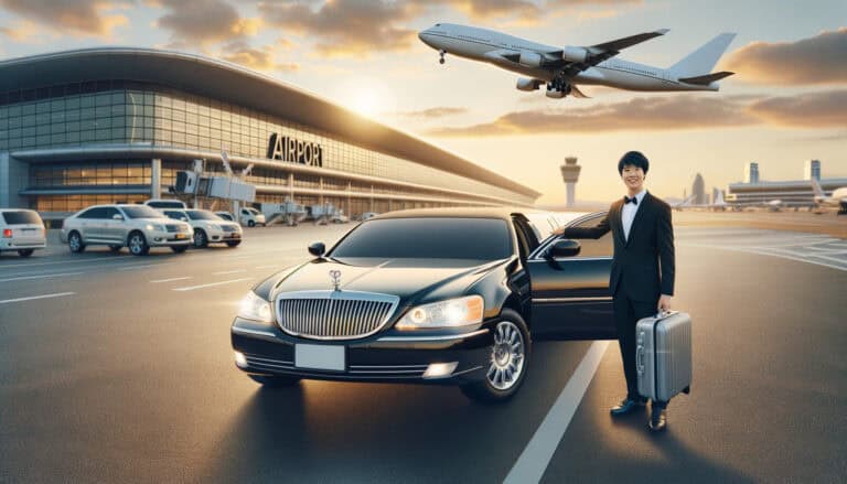 Business traveler with limousine at airport departure