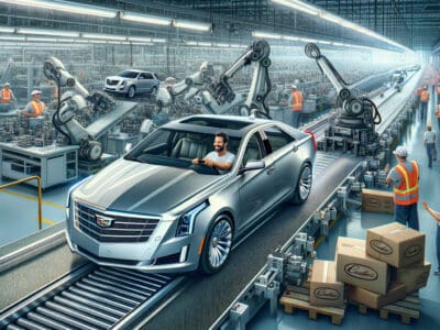 Robotic arms assembling silver sedan in factory
