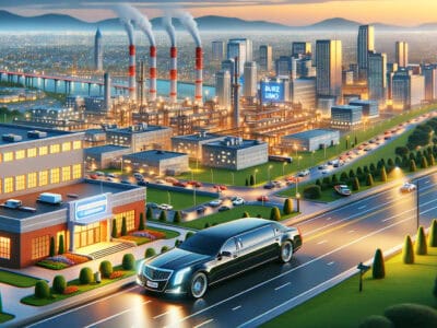 Black limousine driving past industrial city at sunset