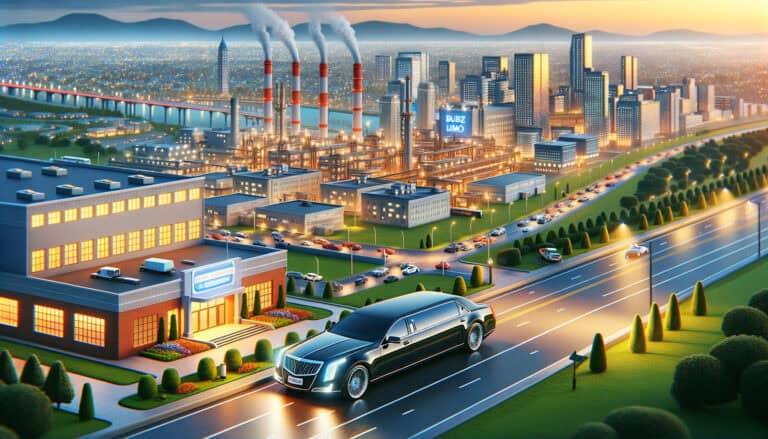 Black limousine driving past industrial city at sunset
