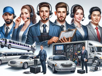 Professional limousine service team with luxury vehicles