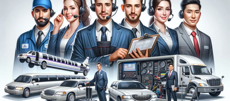 Professional limousine service team with luxury vehicles