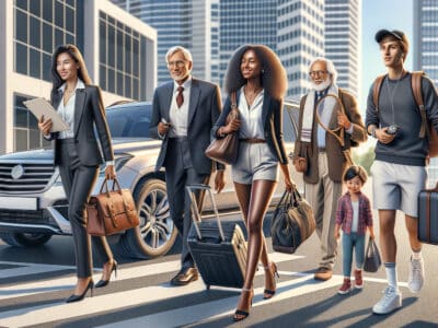 Diverse group walking with luggage in city crosswalk