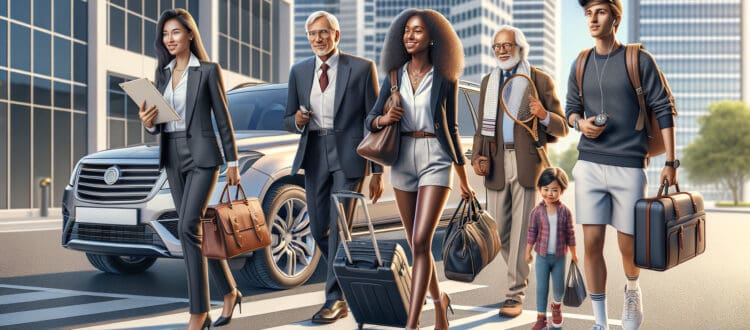 Diverse group walking with luggage in city crosswalk