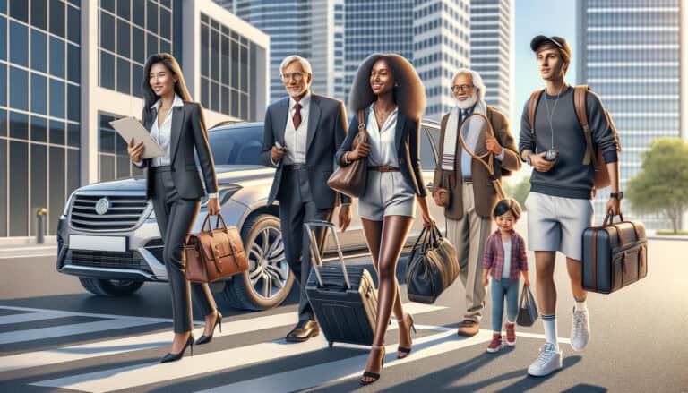 Diverse group walking with luggage in city crosswalk