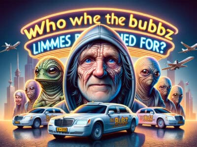 Hooded man and aliens behind branded limousines