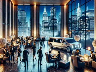 Luxury limousine displayed at upscale city skyline event