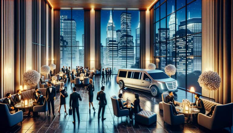 Luxury limousine displayed at upscale city skyline event