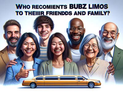 Smiling diverse group above yellow stretch limousine