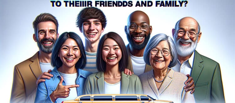 Smiling diverse group above yellow stretch limousine