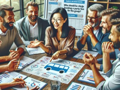 Team discussing party bus booking around conference table
