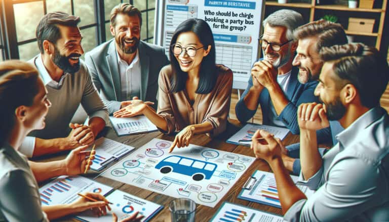 Team discussing party bus booking around conference table