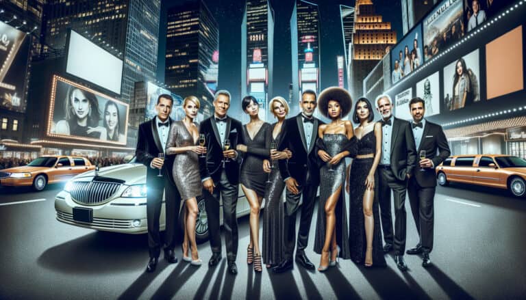 Glamorous group in formalwear posing in Times Square