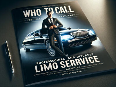 Man in suit beside black limousine advertisement