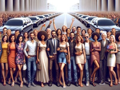 Large diverse group posing before rows of limousines