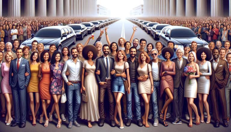 Large diverse group posing before rows of limousines