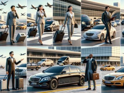 Business travelers with luggage and luxury cars at airport