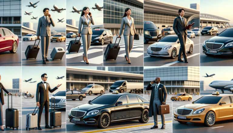 Business travelers with luggage and luxury cars at airport