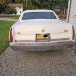 Rear view of white Cadillac sedan parked driveway