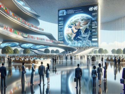 Futuristic global summit with large Earth display and delegates