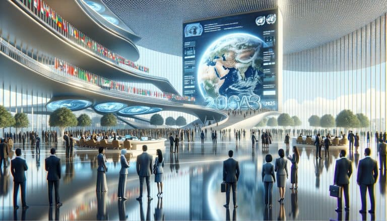 Futuristic global summit with large Earth display and delegates
