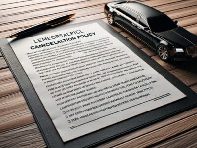 Cancellation policy document with pen and model limousine