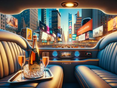Champagne in limousine overlooking Times Square traffic