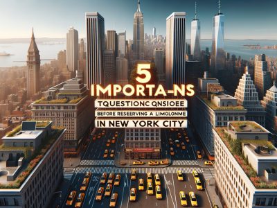 New York City skyline with taxis and limousine tips text